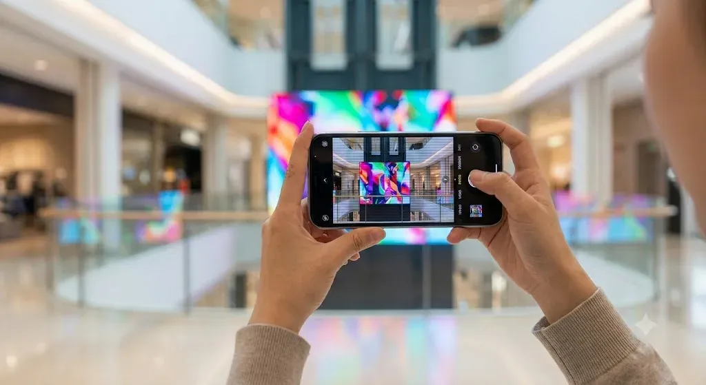 Layar HP merekam Videotron LED dengan garis banding gelap bergulir akibat refresh rate