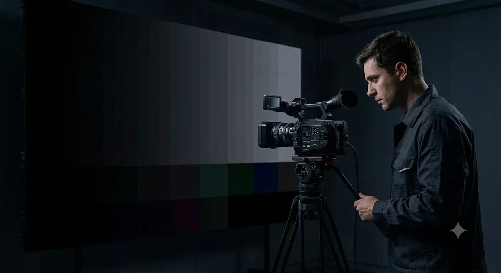 Videotron menampilkan gambar tes gradasi gelap dengan brightness diturunkan untuk cek low-gray