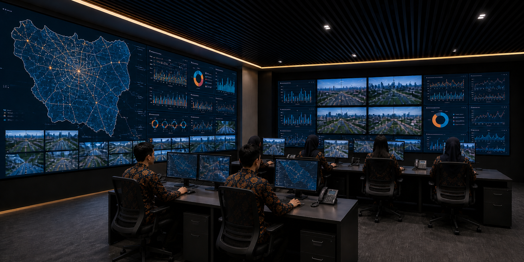 Command center dengan LED display dan dashboard operasional