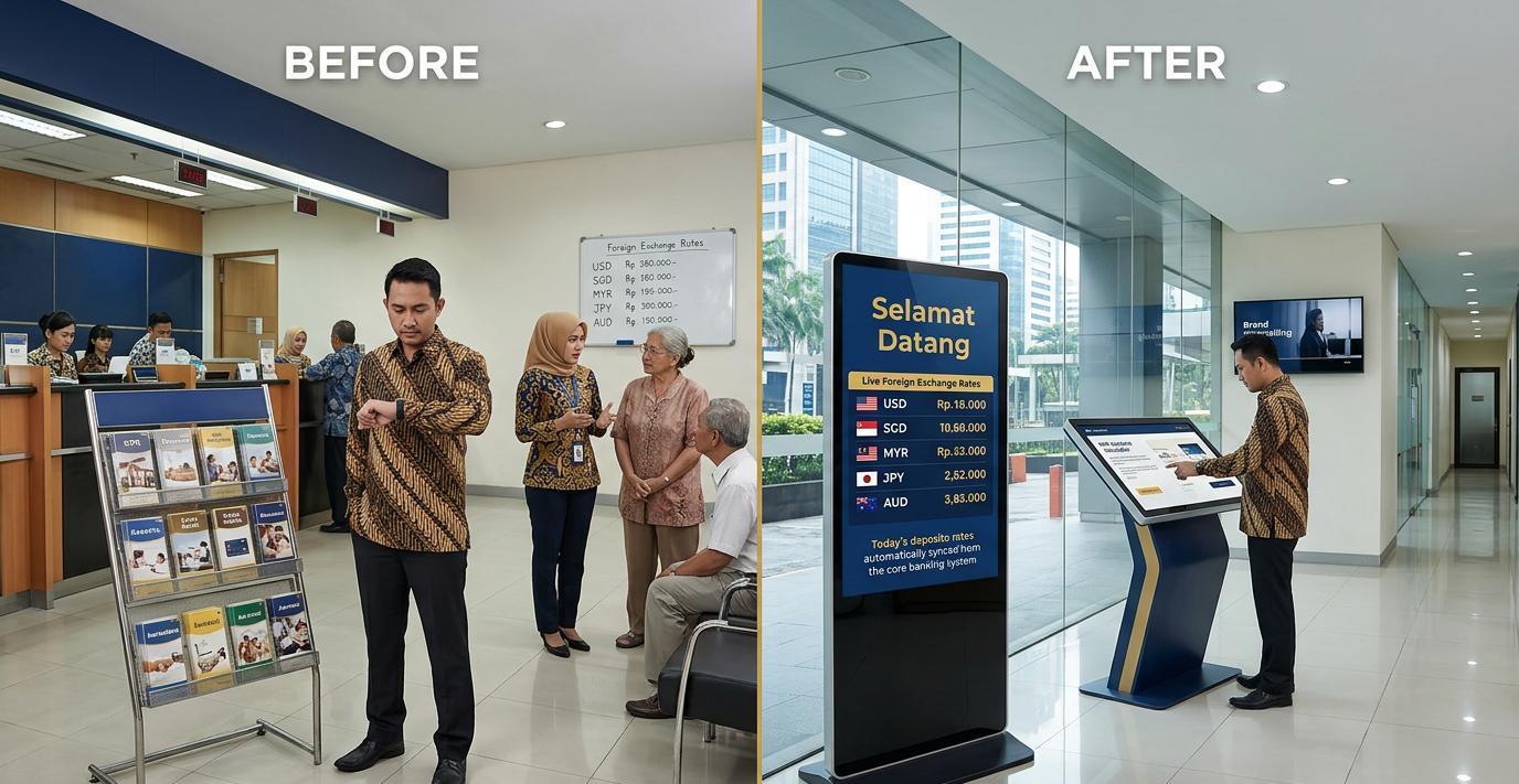 Ilustrasi sebelum dan sesudah: Banking Hall yang Membuat Nasabah Datang Karena Pilihan, Bukan Karena Tidak Ada Pilihan