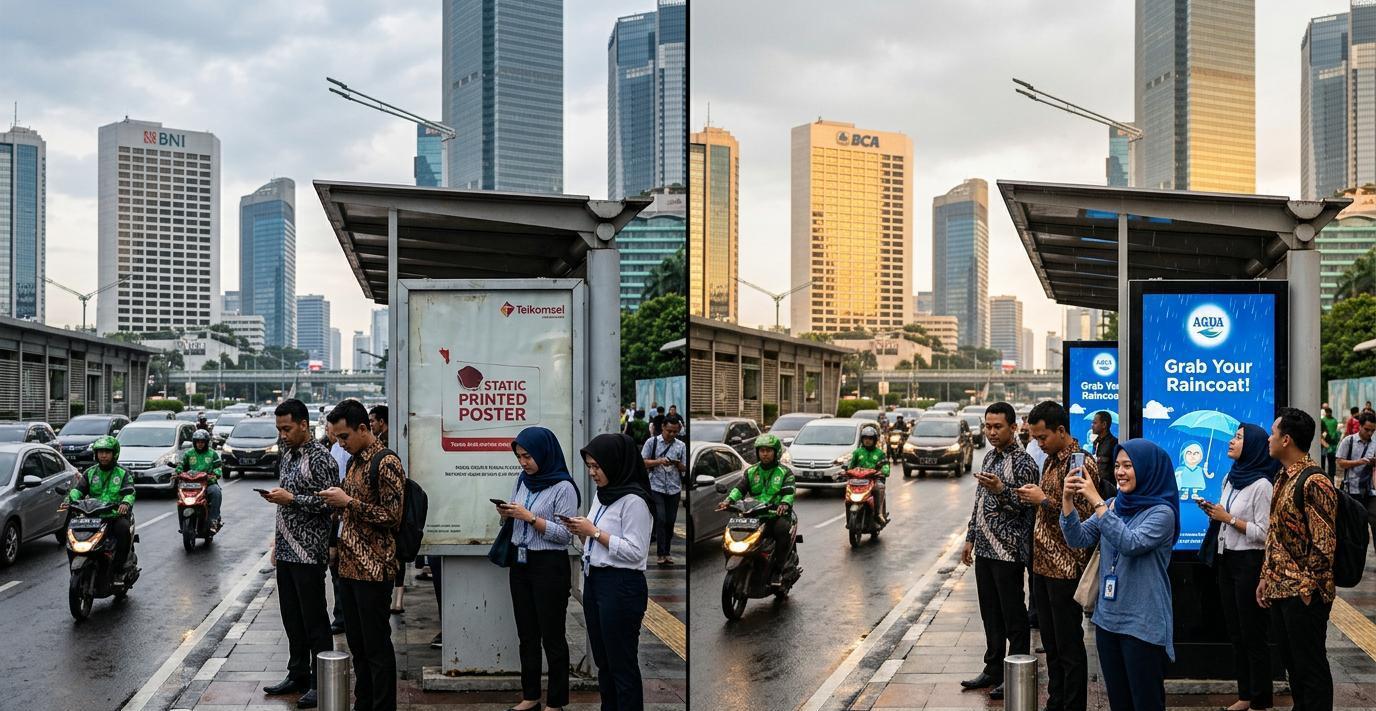 Ilustrasi sebelum dan sesudah: Bus Shelter dan Close-Range DOOH