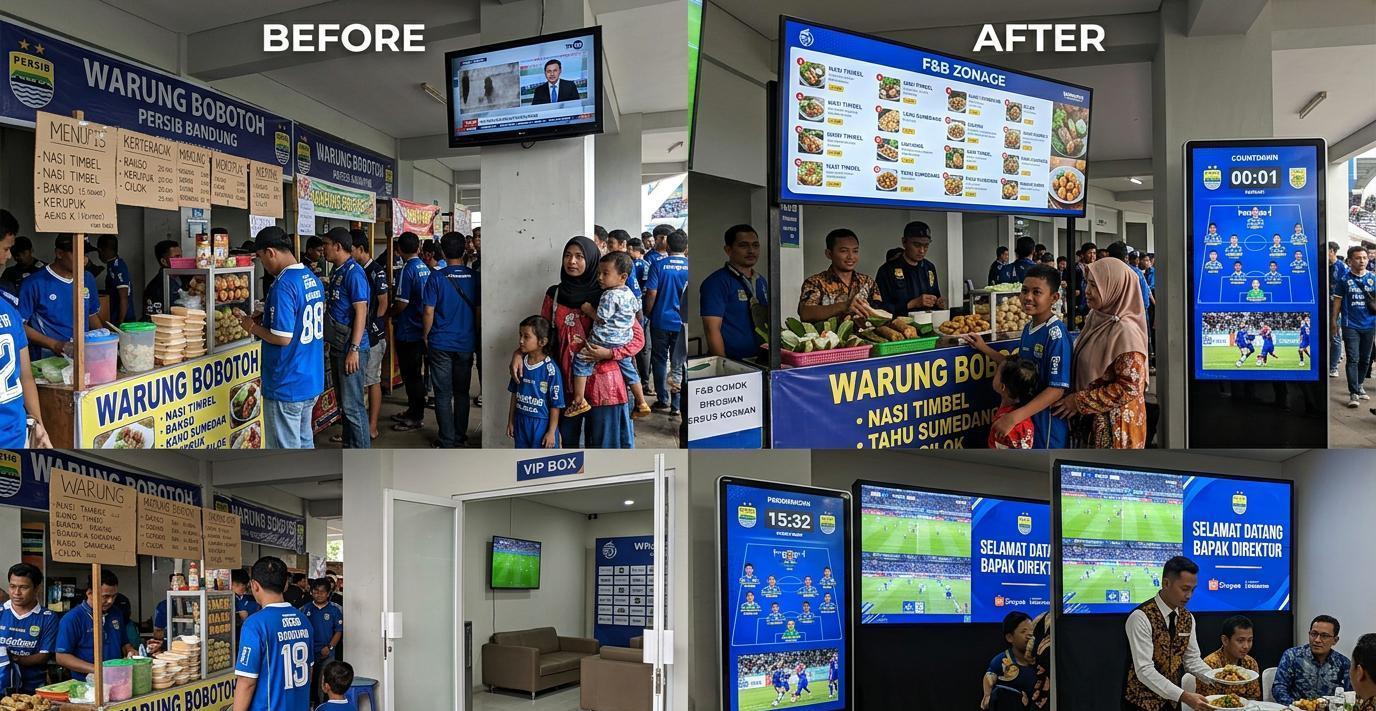 Ilustrasi sebelum dan sesudah: Concourse dan VIP Box Stadion