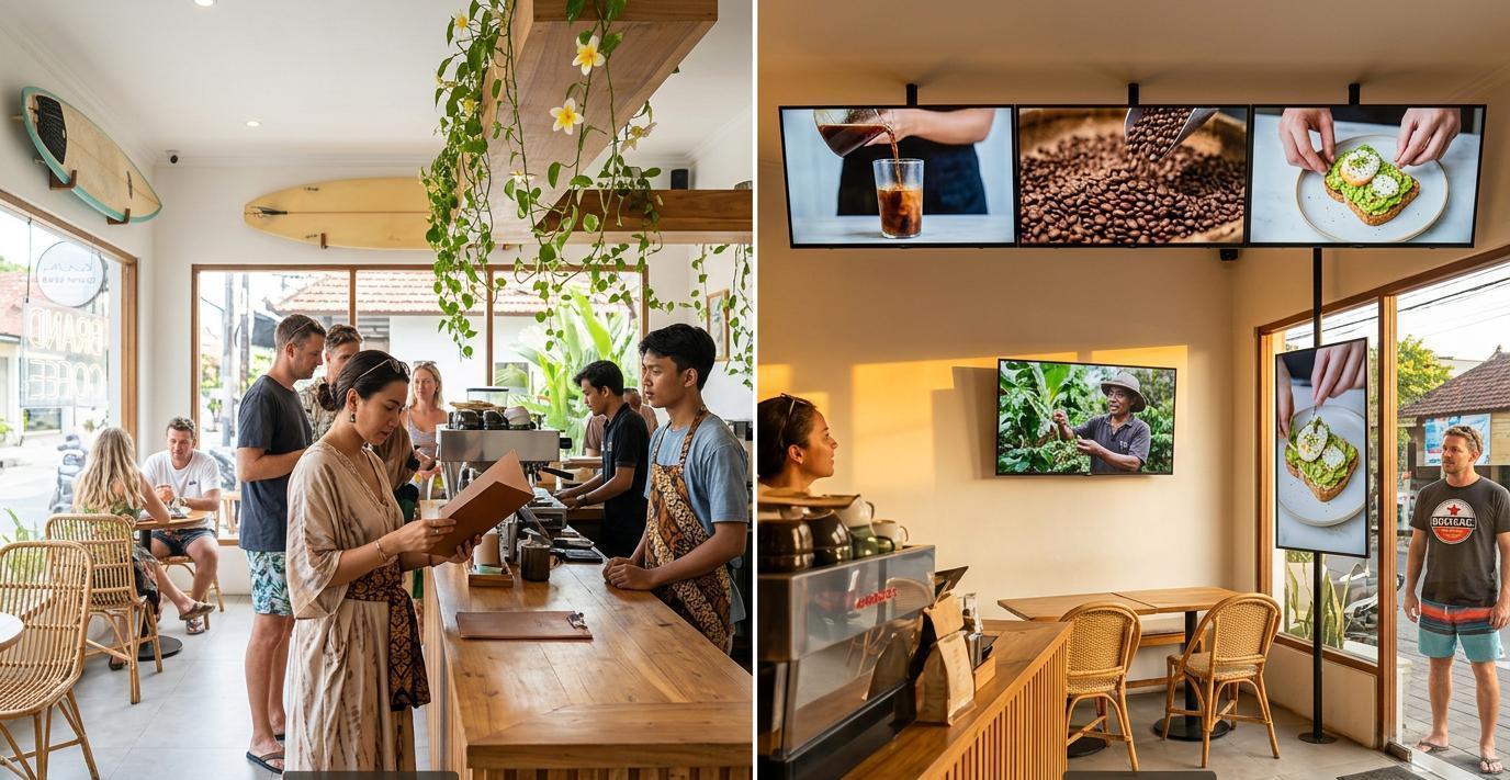 Ilustrasi sebelum dan sesudah: Menu Board Digital yang Membuat Pelanggan Order Lebih Banyak