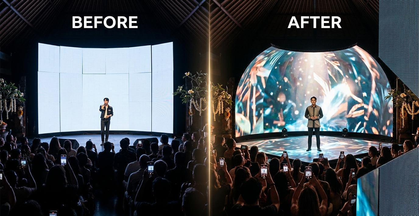 Ilustrasi sebelum dan sesudah: Stage Kreatif dengan Soft Modul Curved dan COB