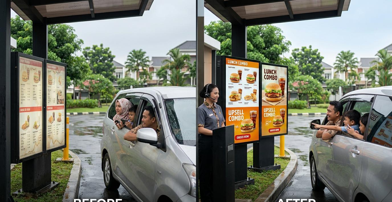 Ilustrasi sebelum dan sesudah: Drive-thru yang Mengurangi Order Error dan Meningkatkan Average Ticket