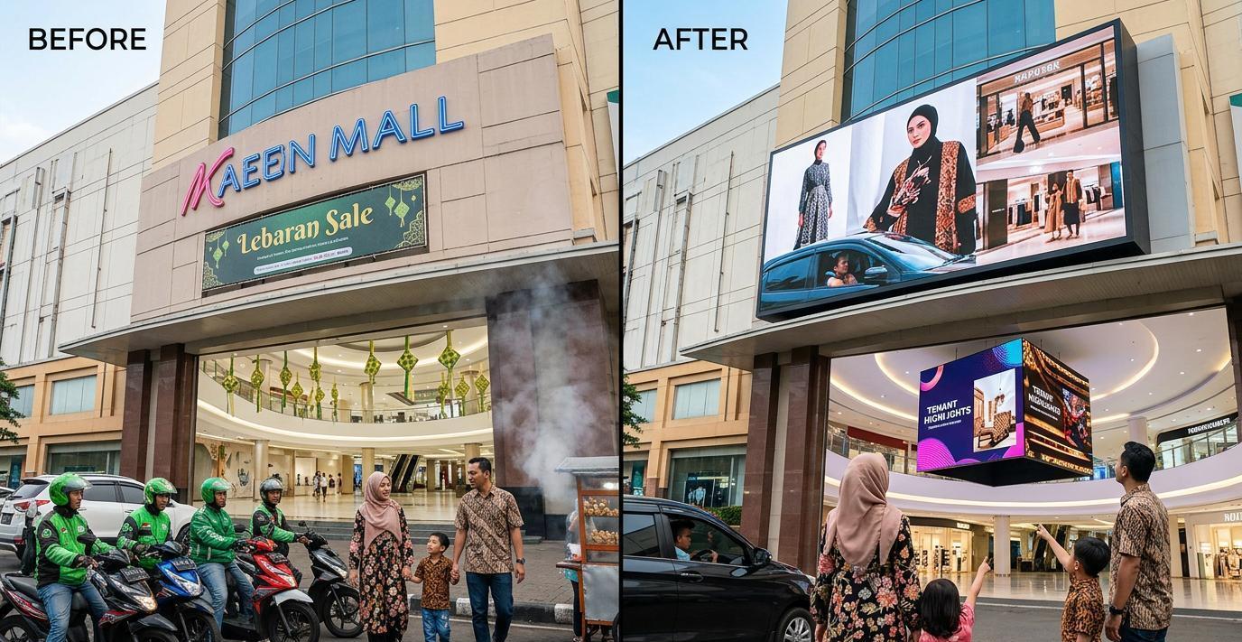 Ilustrasi sebelum dan sesudah: Facade dan Atrium Mall yang Membuat Pengunjung Datang Berulang