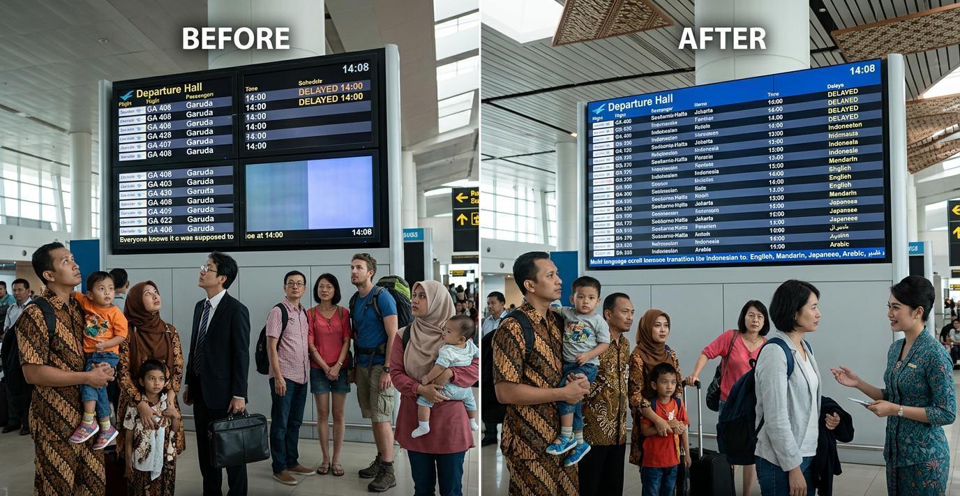 Ilustrasi sebelum dan sesudah: FIDS Bandara yang Tahan 24/7 dan Real-Time