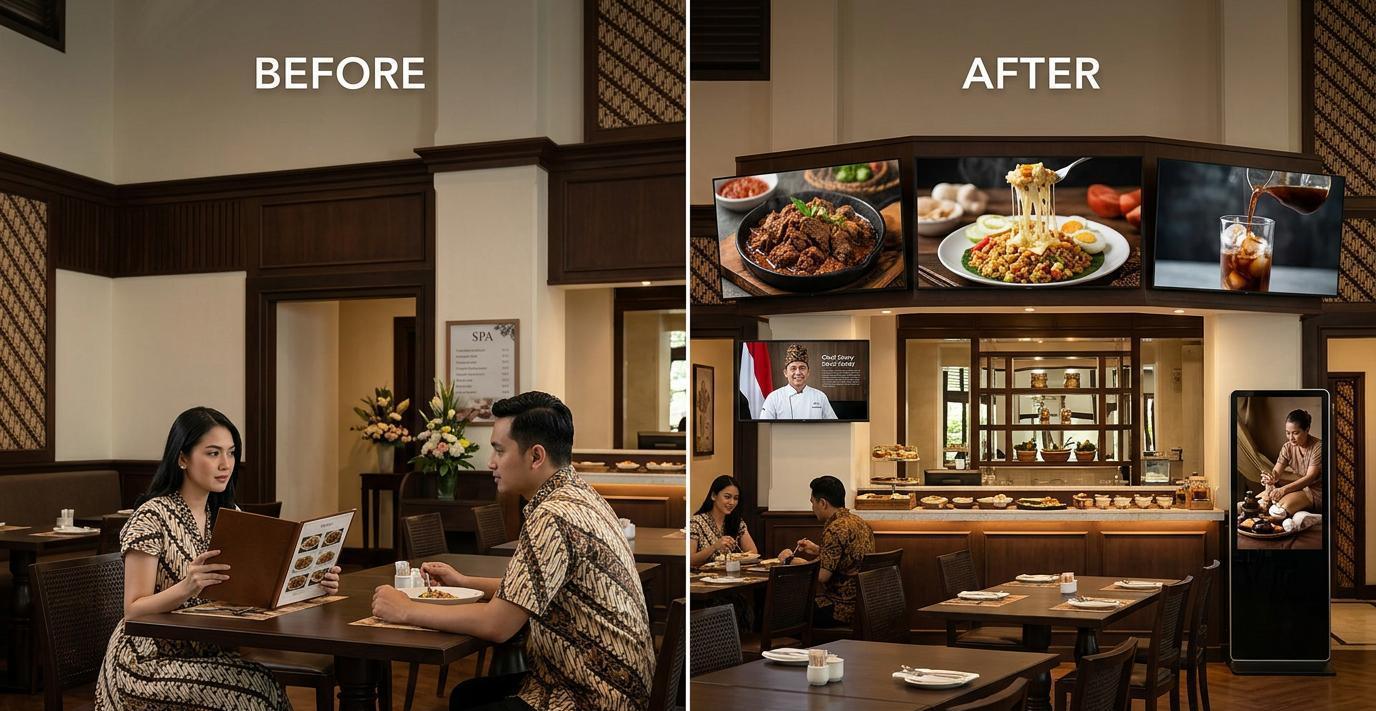 Ilustrasi sebelum dan sesudah: Menu Hotel yang Membuat Tamu Lapar Sebelum Order