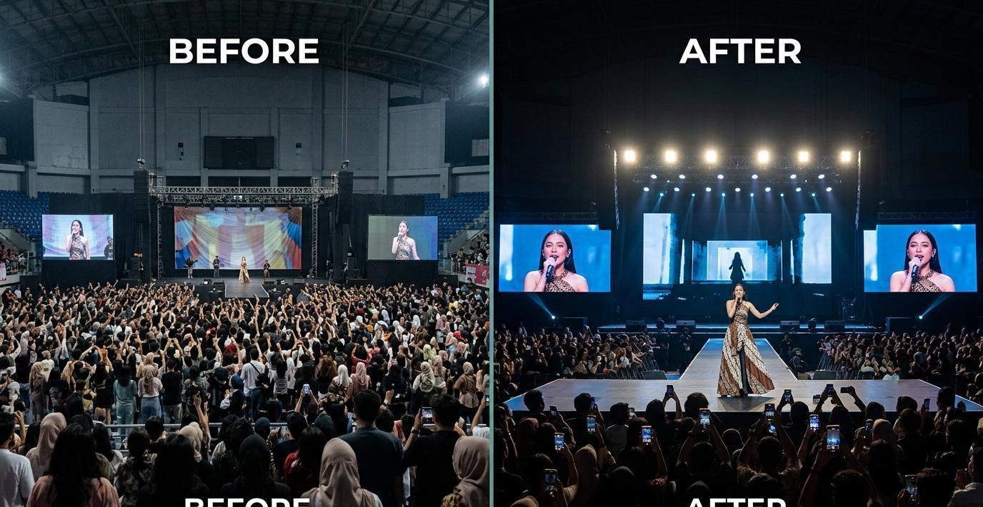 Ilustrasi sebelum dan sesudah: Backdrop Konser dan IMAG