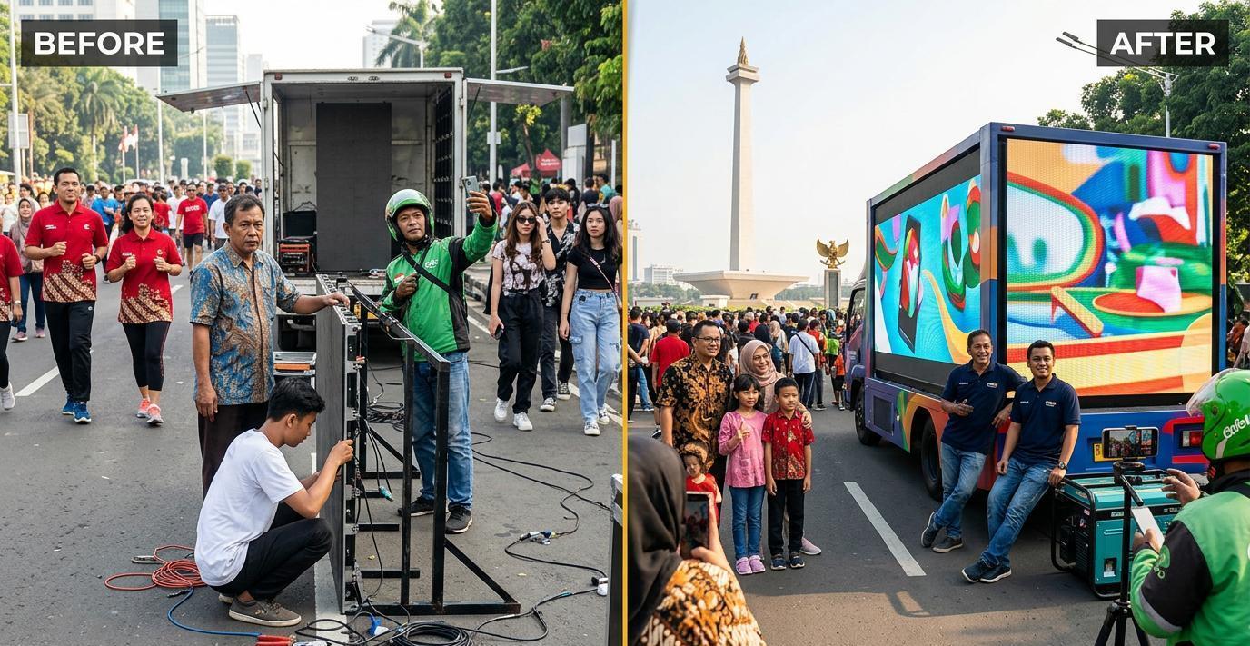 Ilustrasi sebelum dan sesudah: LED Truck untuk Roadshow dan Mobile Campaign