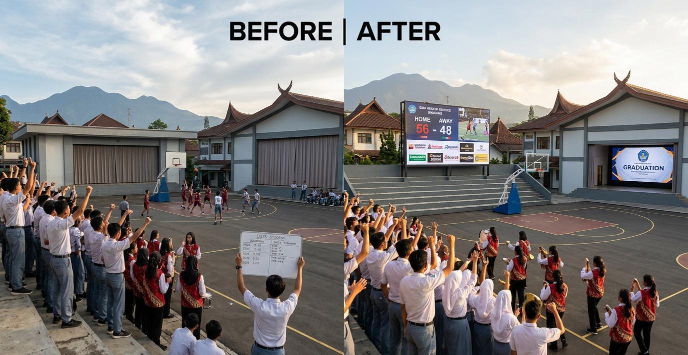 Ilustrasi sebelum dan sesudah: Lapangan dan Aula Sekolah Bertingkat-Dunia