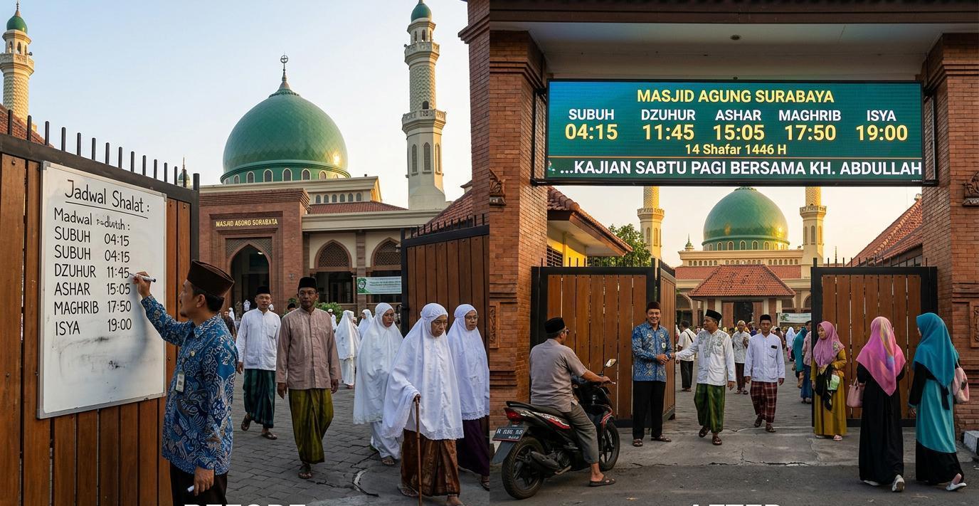 Ilustrasi sebelum dan sesudah: Jadwal Sholat Outdoor yang Auto-Update