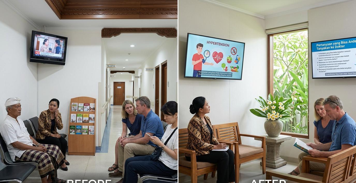 Ilustrasi sebelum dan sesudah: Patient Education yang Mengubah Ruang Tunggu Menjadi Wellness Touchpoint
