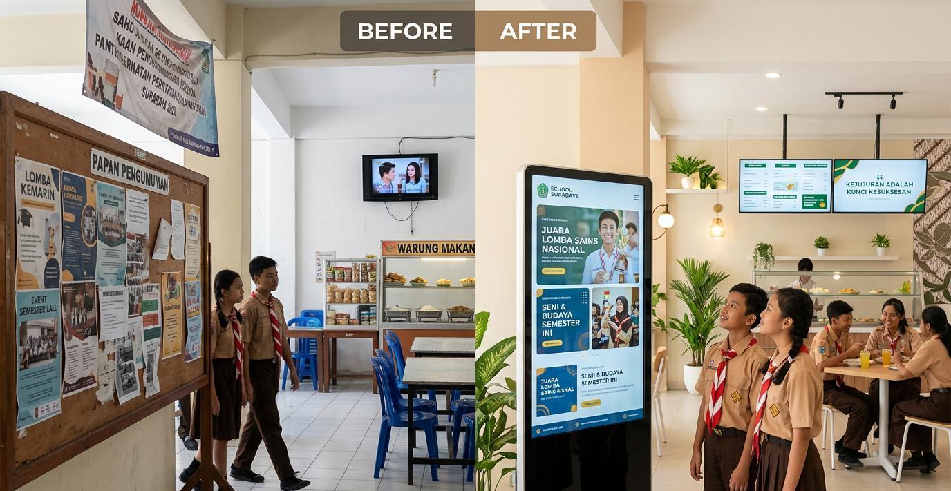Ilustrasi sebelum dan sesudah: Lobby dan Kantin Sekolah sebagai Mesin Identitas
