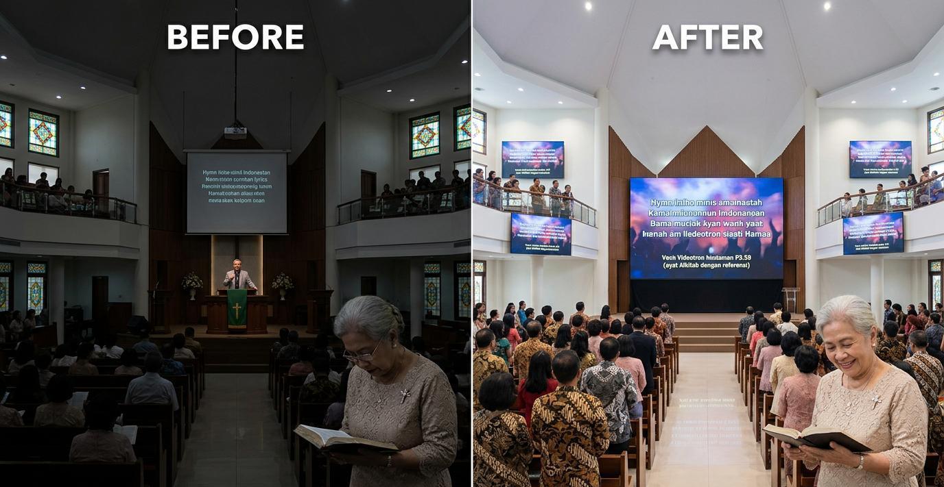 Ilustrasi sebelum dan sesudah: Sanctuary Backdrop dan Side Screen untuk Gereja Modern