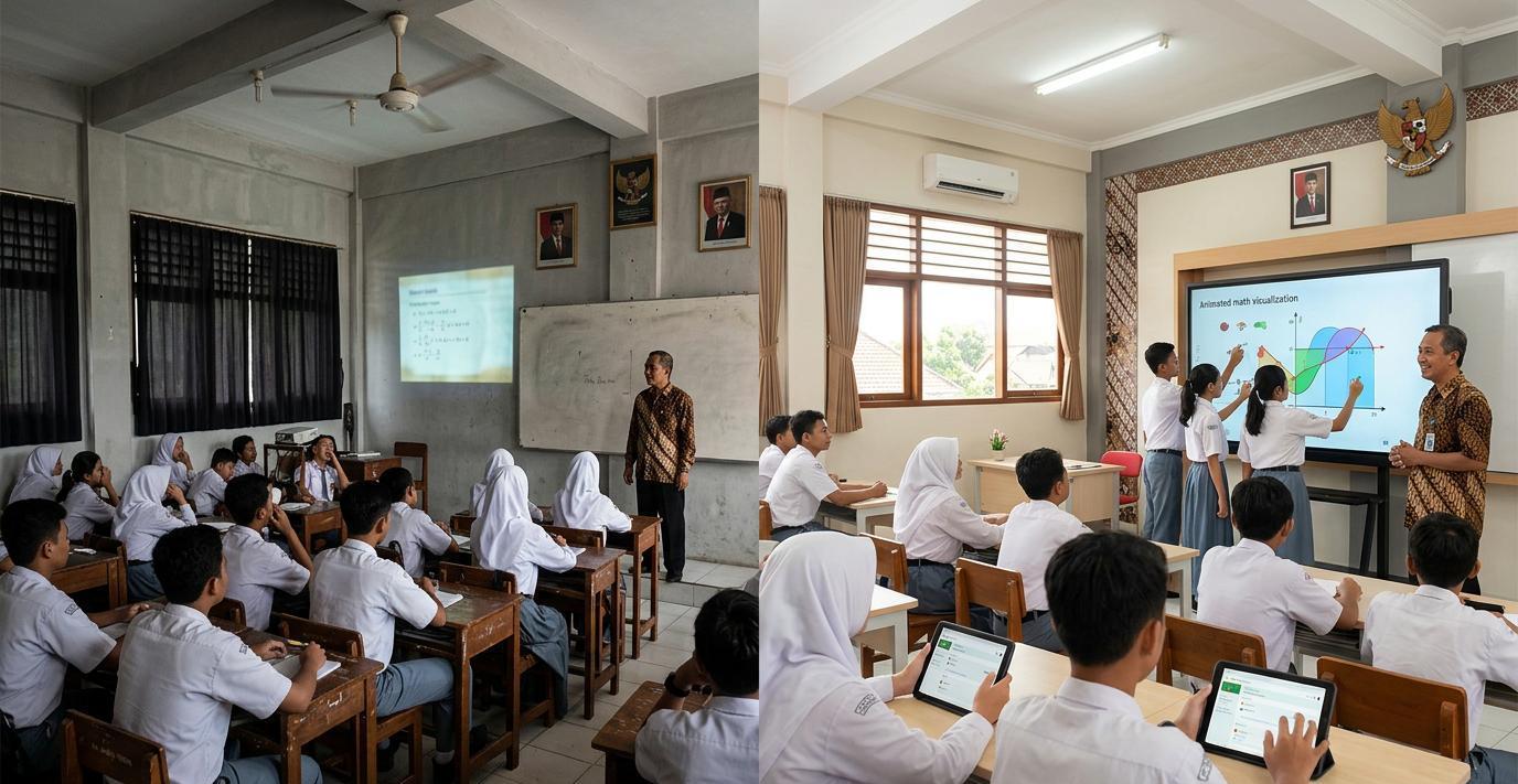 Ilustrasi sebelum dan sesudah: Mengubah Kelas Pasif Jadi Smart Classroom