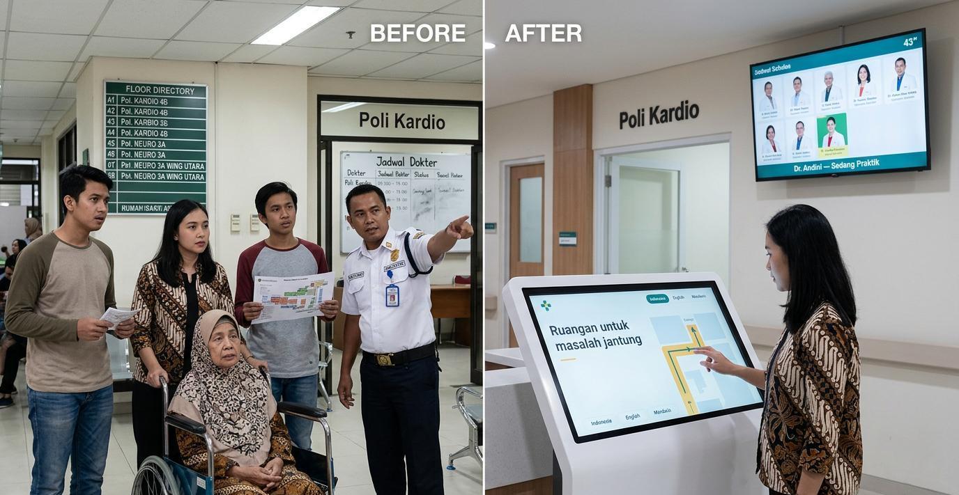 Ilustrasi sebelum dan sesudah: Wayfinding dan Jadwal Dokter di Rumah Sakit