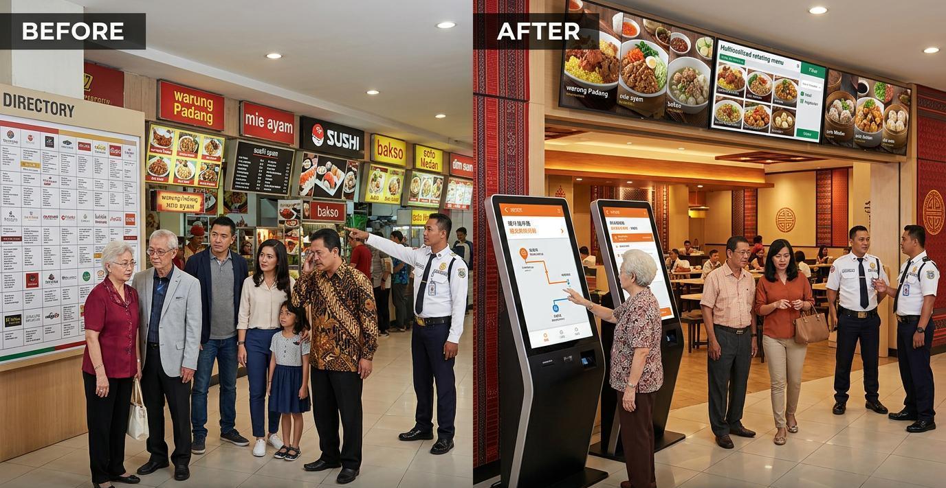 Ilustrasi sebelum dan sesudah: Wayfinding dan Food Court Mall