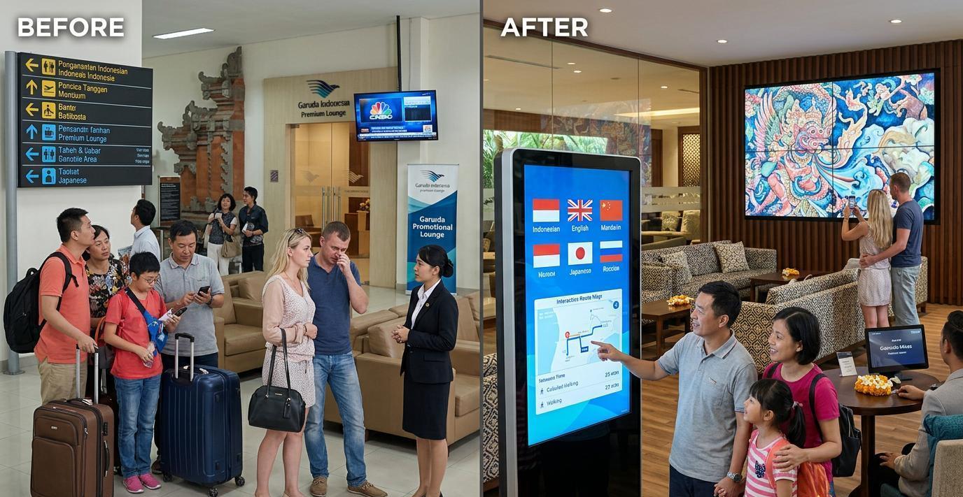 Ilustrasi sebelum dan sesudah: Wayfinding dan Premium Lounge Bandara