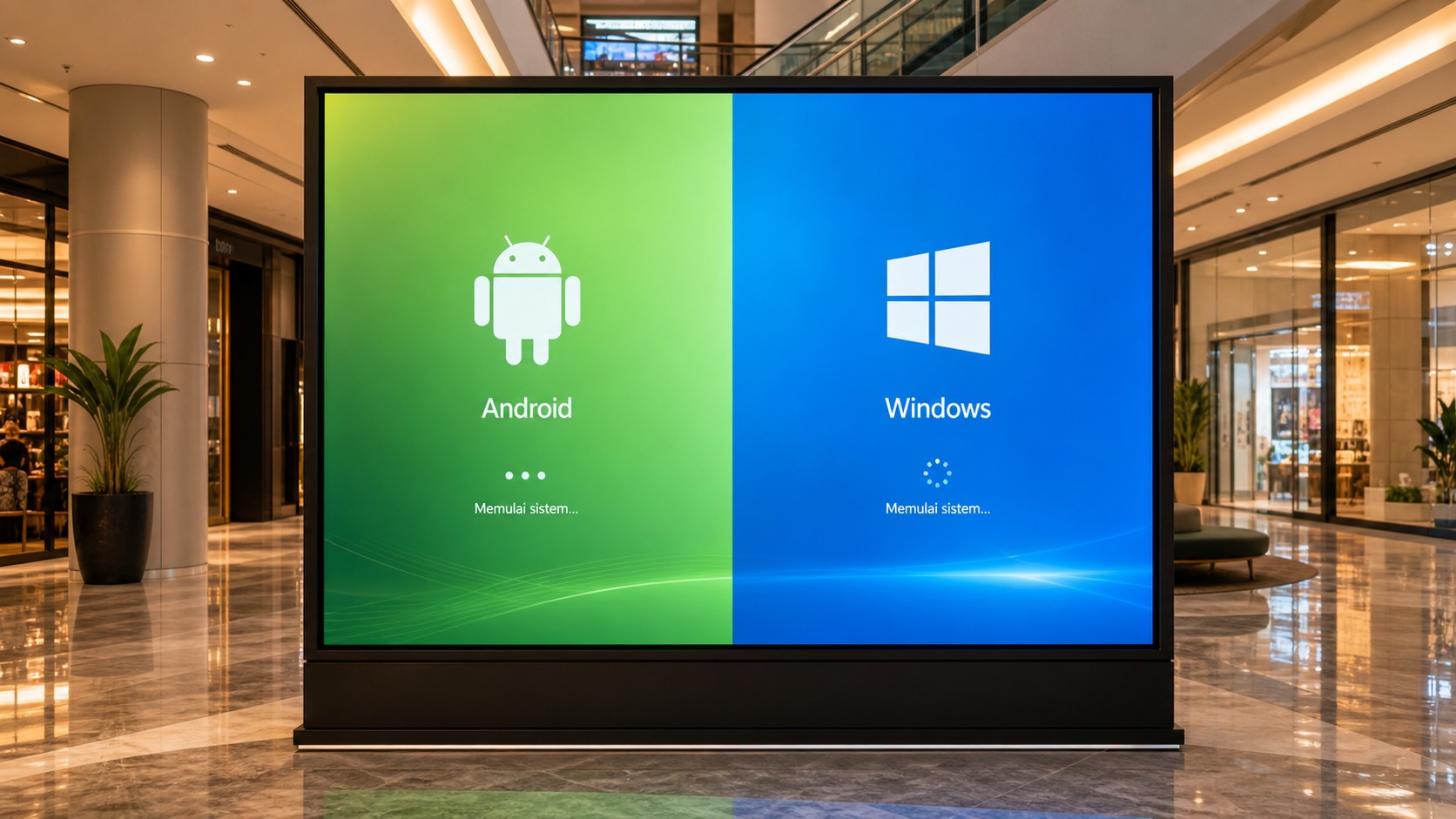 Layar digital signage menampilkan dual boot Android dan Windows