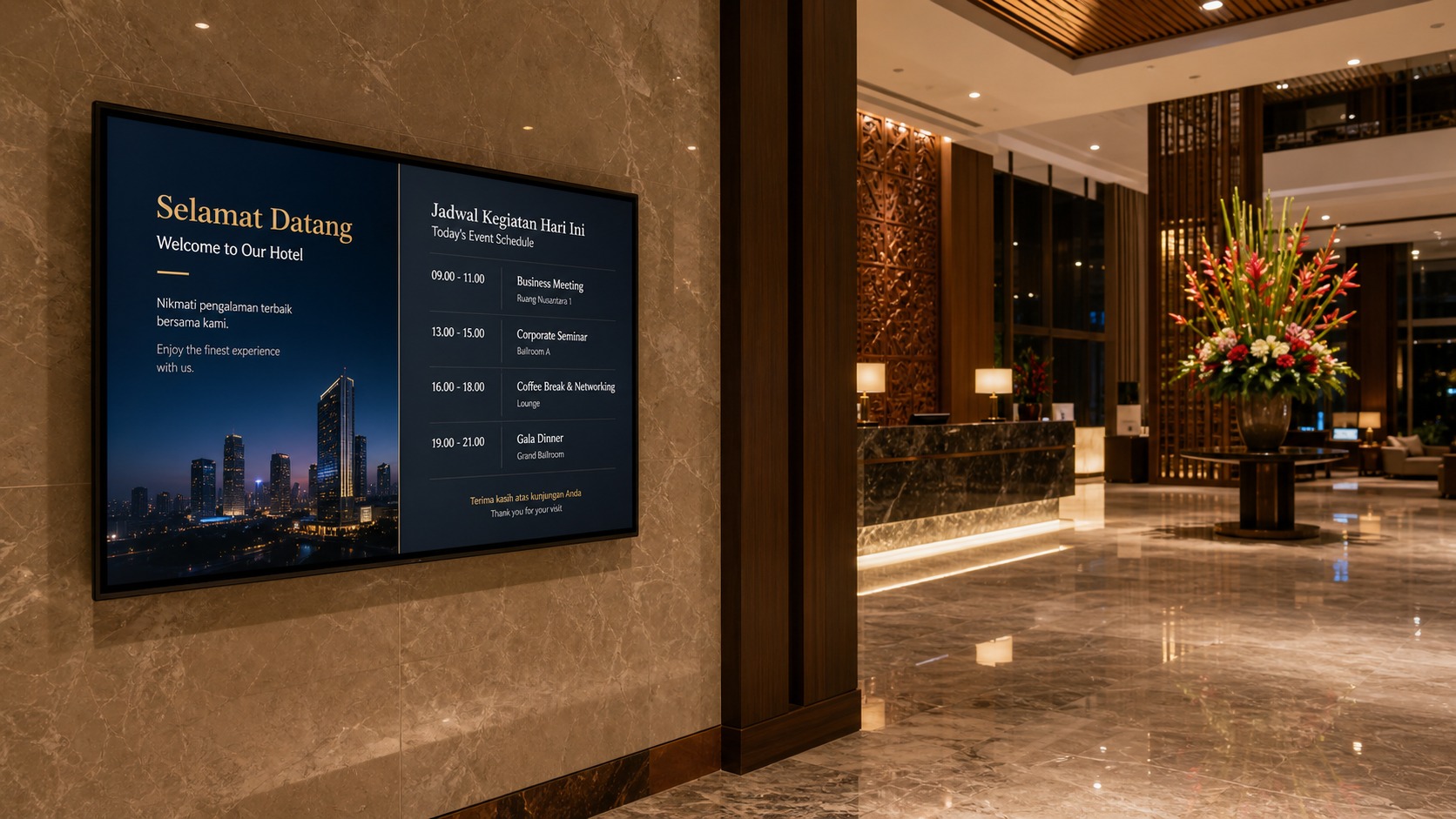 Digital signage di lobby hotel modern menampilkan welcome message dan jadwal event