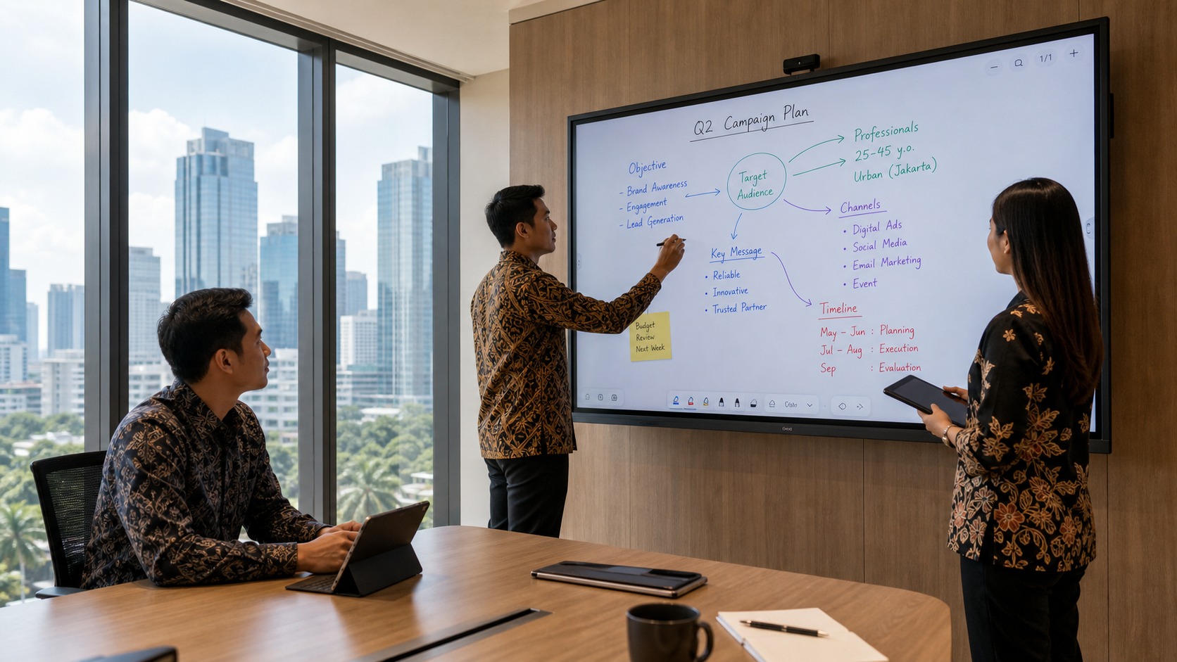 Interactive Flat Panel di ruang meeting modern dengan tim profesional menggunakan whiteboard digital