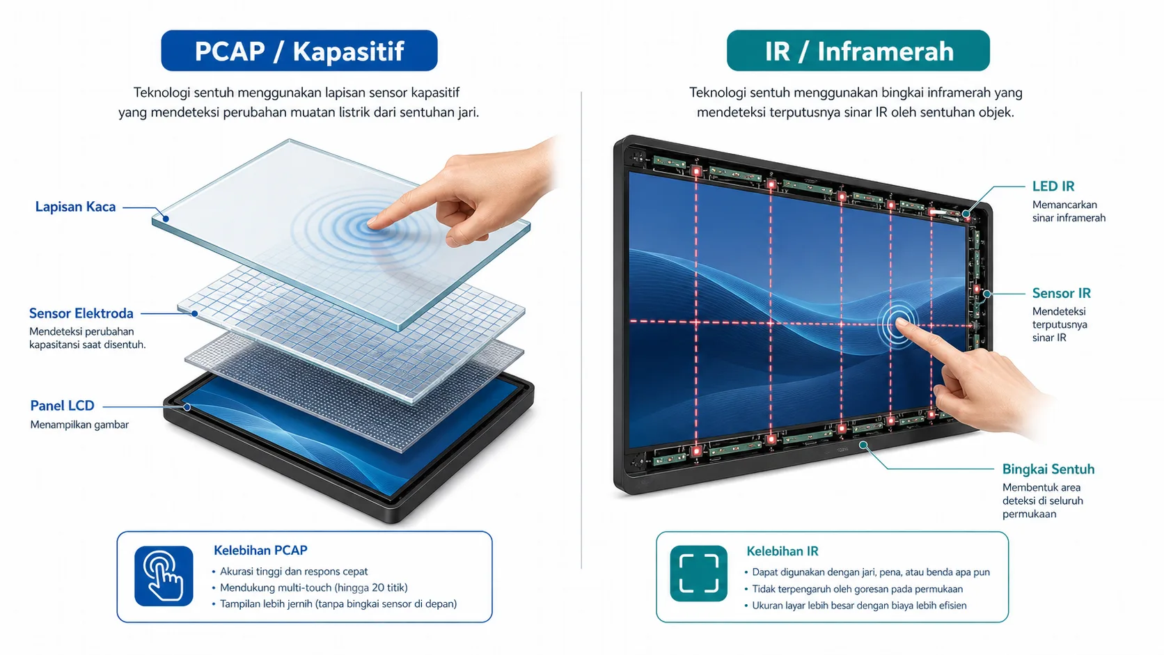 Cross-section konstruksi panel capacitive touch vs infrared touch
