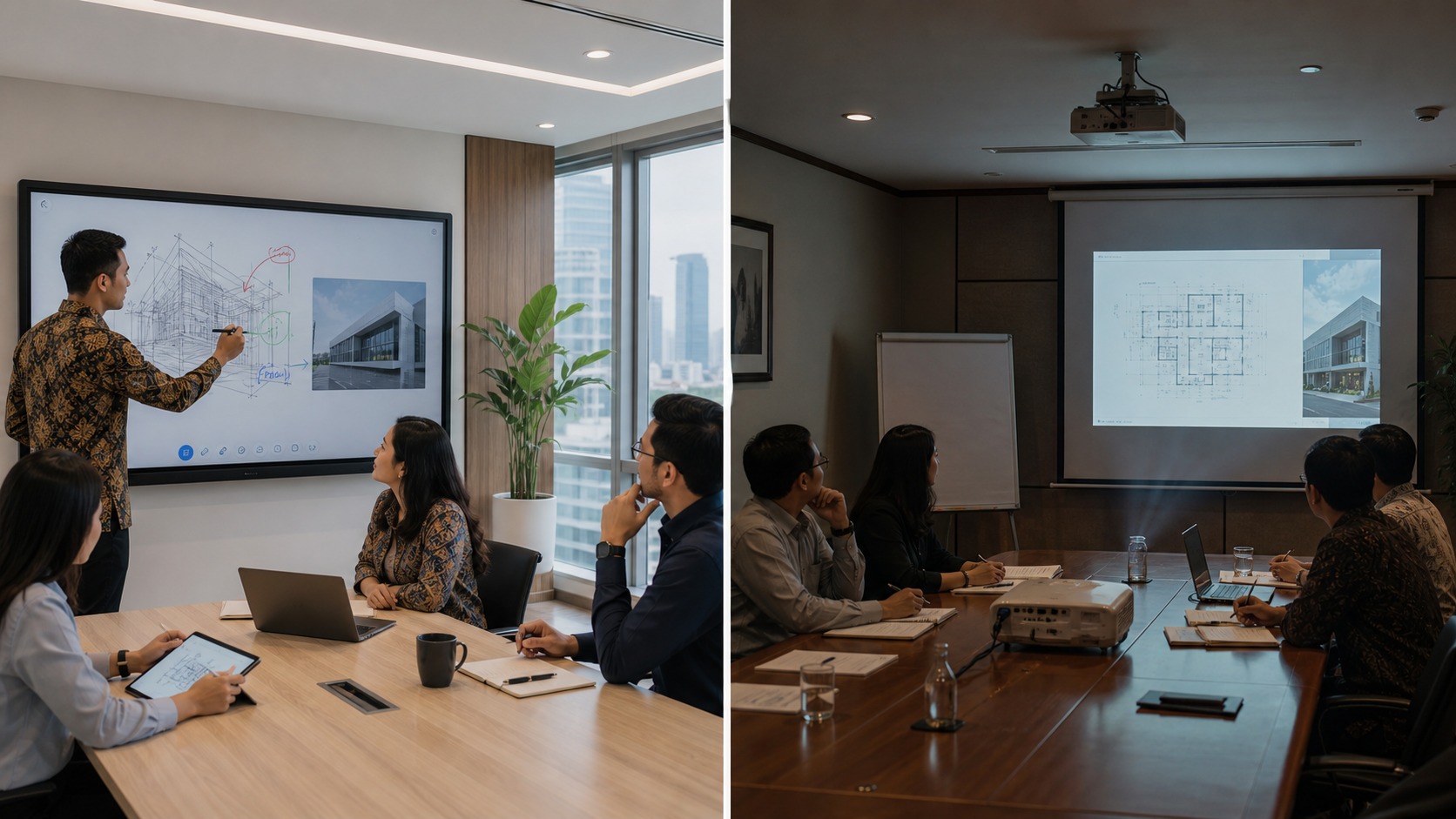 Ruang meeting modern membandingkan IFP layar besar dengan proyektor tradisional