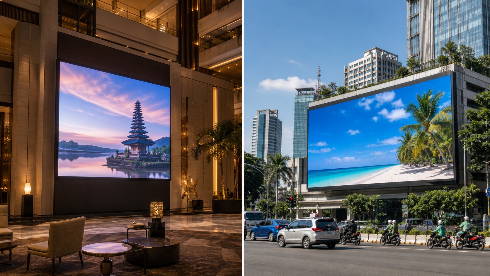 Side-by-side perbandingan LED indoor di lobby dan billboard outdoor di tengah kota