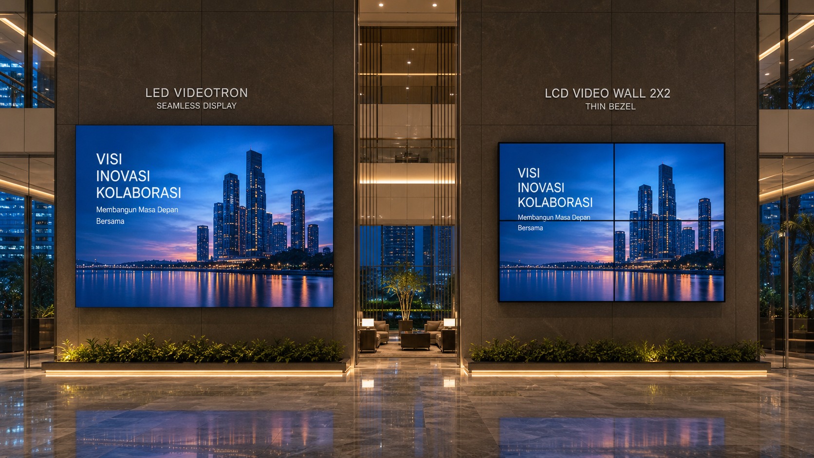 Perbandingan side-by-side LED Videotron dan LCD Video Wall di lobby korporat