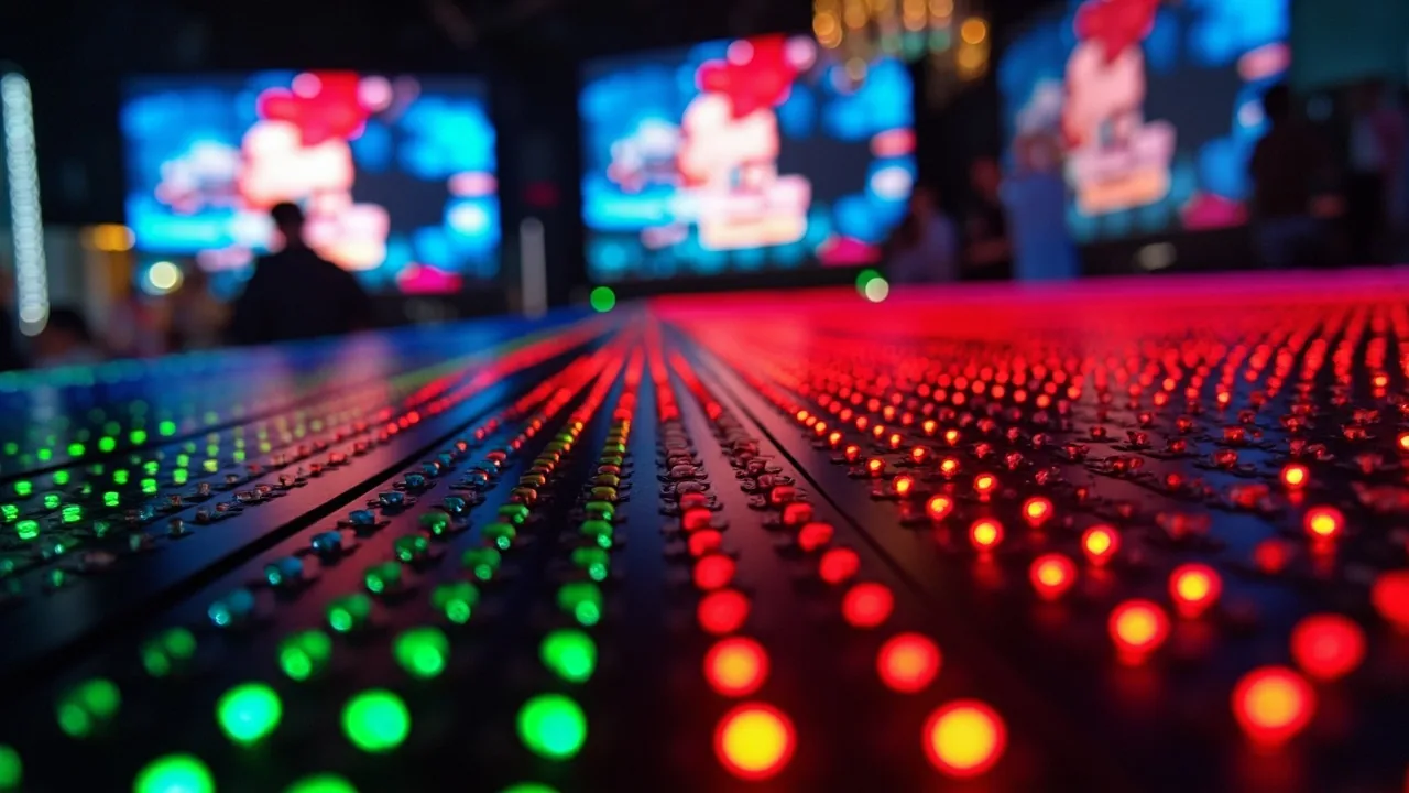 Close-up modul LED: piksel merah, hijau, dan biru dengan jarak antar-piksel (pixel pitch) yang terlihat jelas