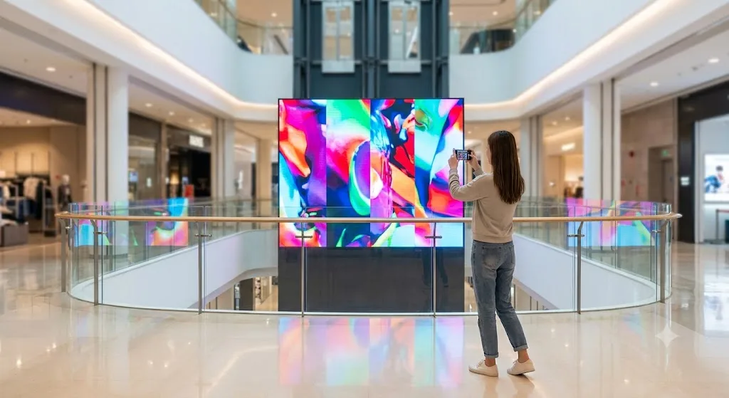 Videotron indoor di atrium mall, pengunjung merekam layar dengan smartphone