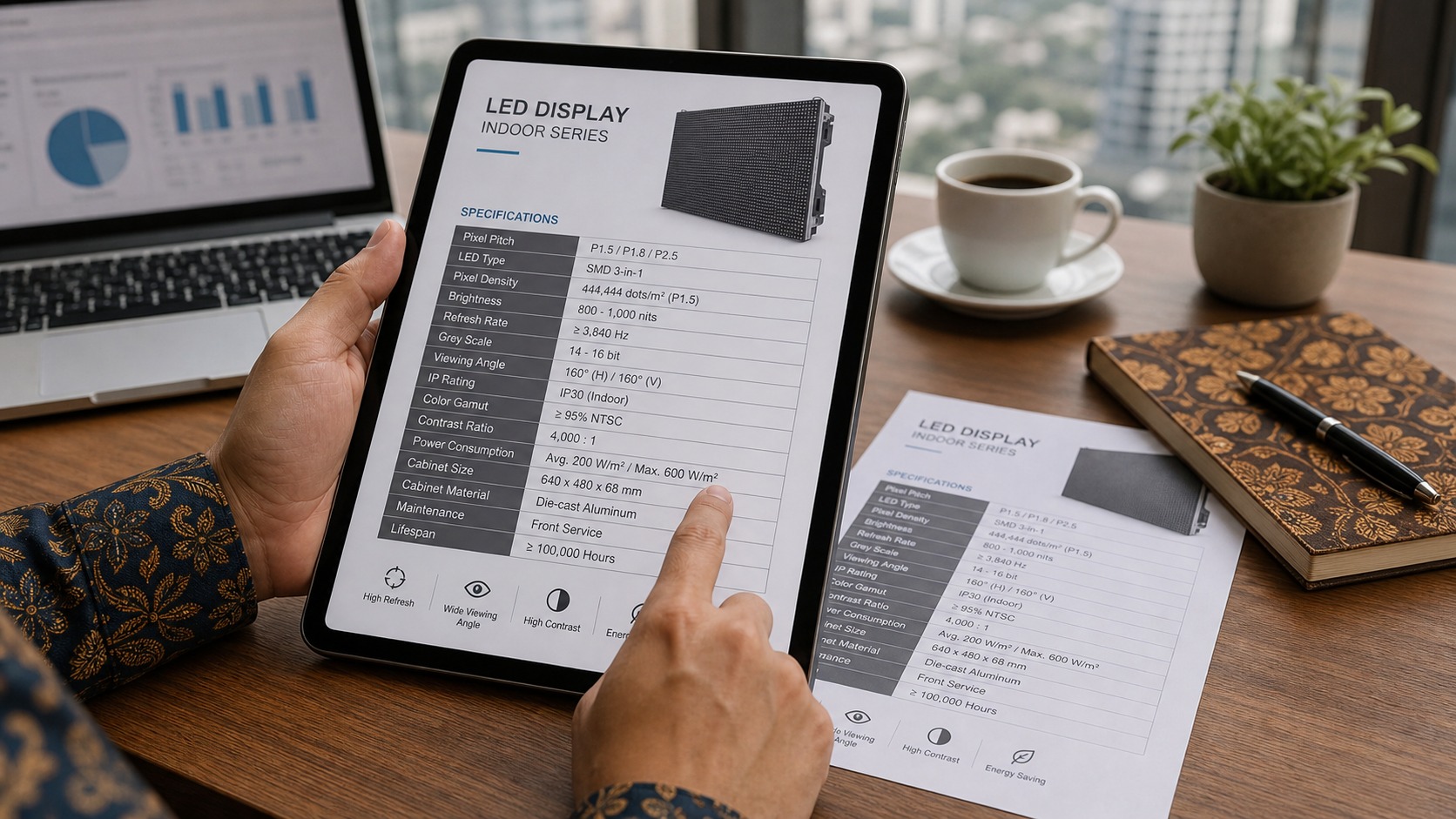 Close-up spec sheet LED display dengan tangan menunjuk istilah teknis