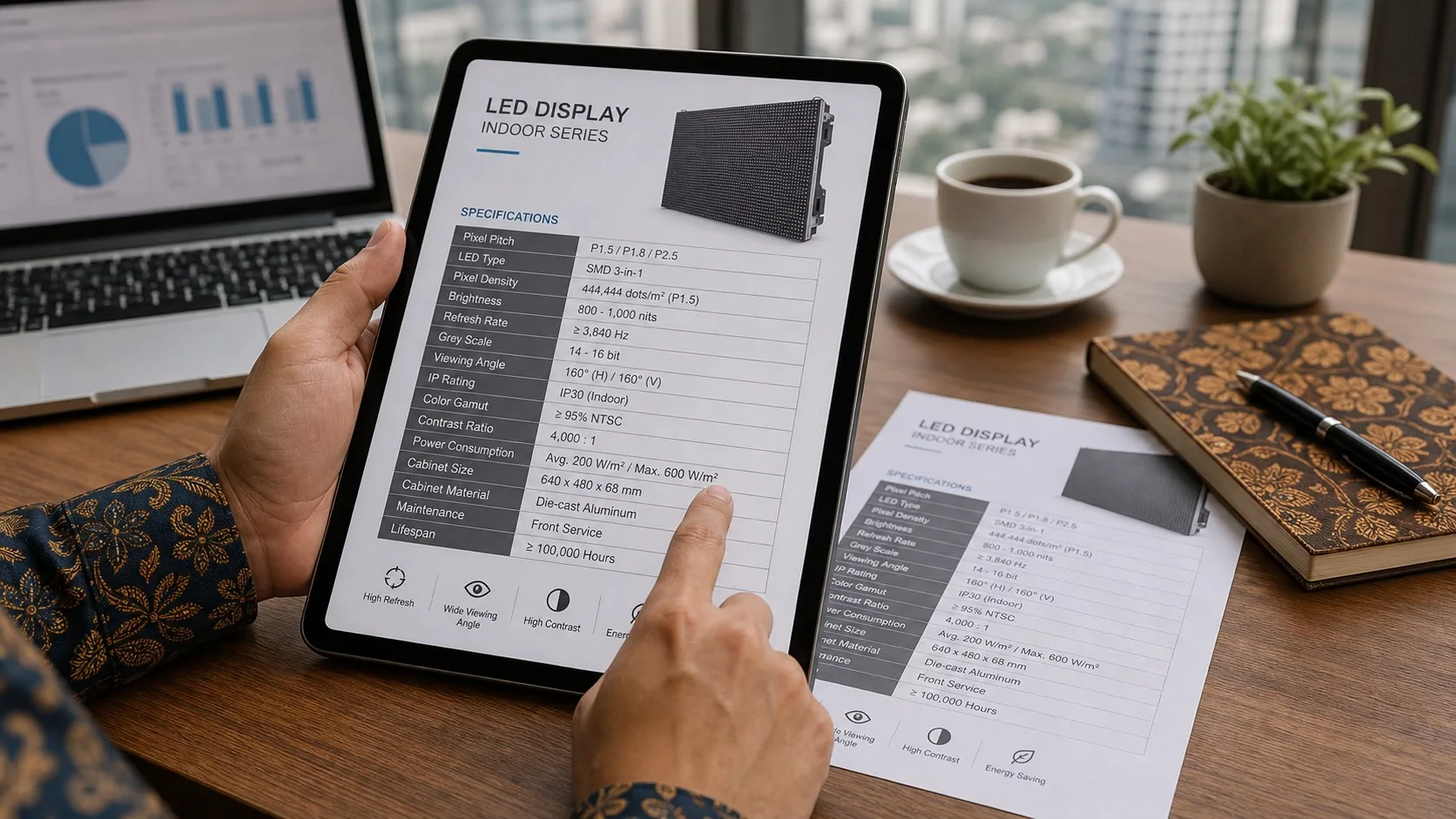 Close-up spec sheet LED display dengan tangan menunjuk istilah teknis