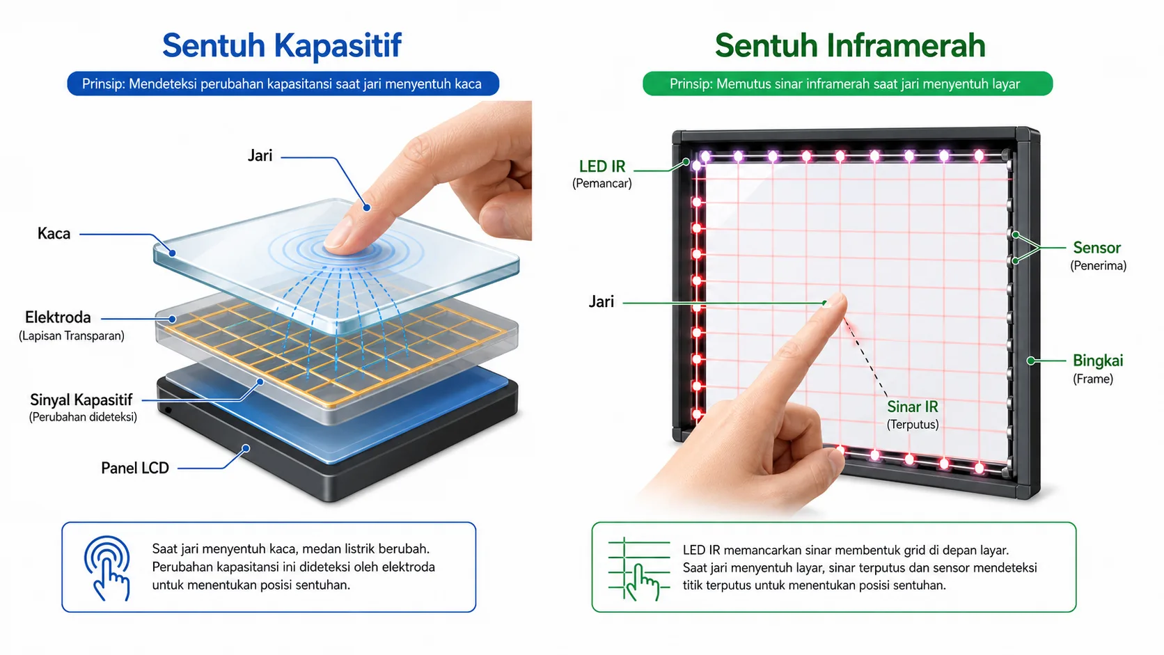Diagram teknologi capacitive touch (PCAP) vs infrared touch (IR)