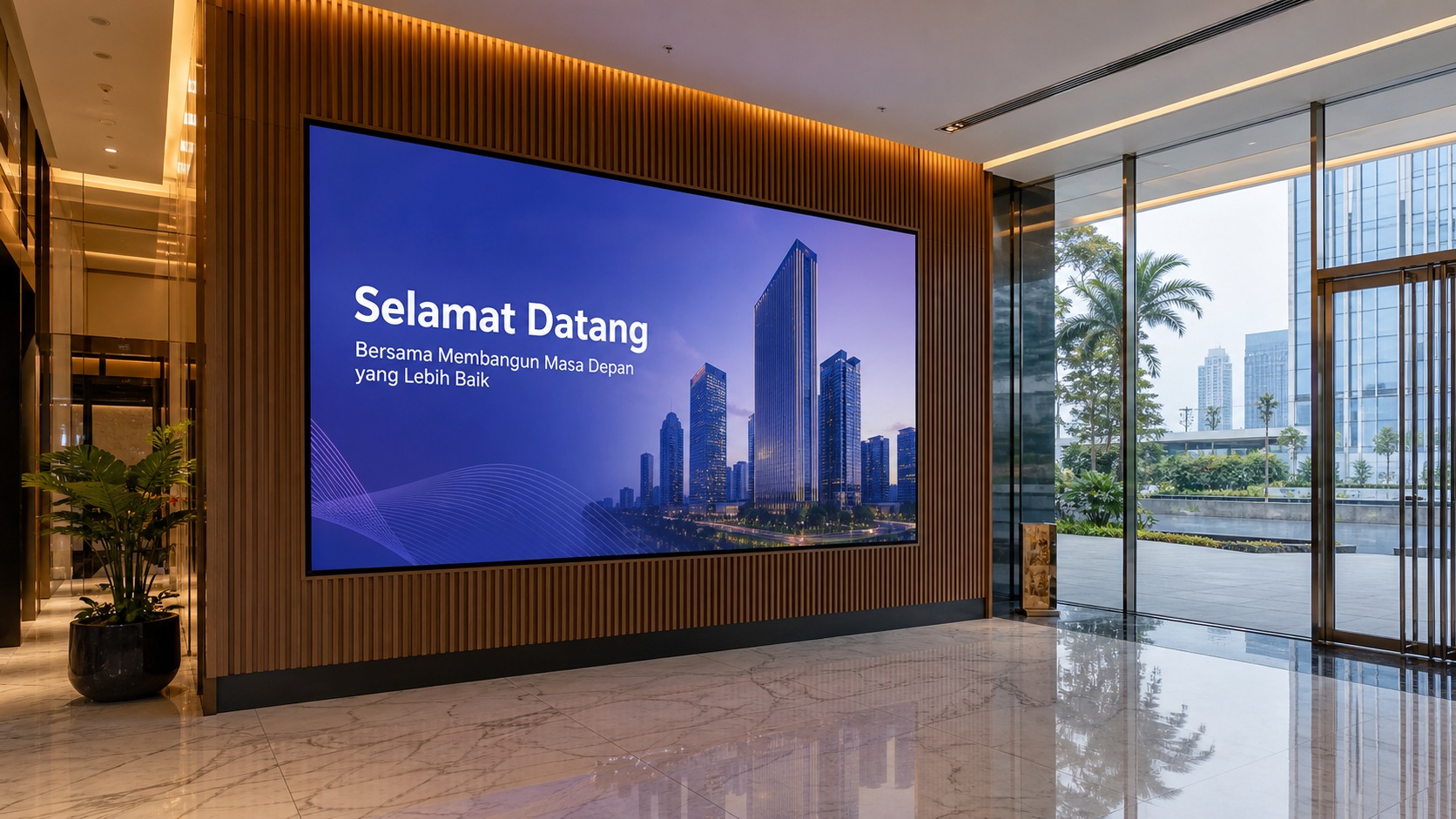 Videotron LED indoor di lobby gedung perkantoran modern menampilkan welcome message